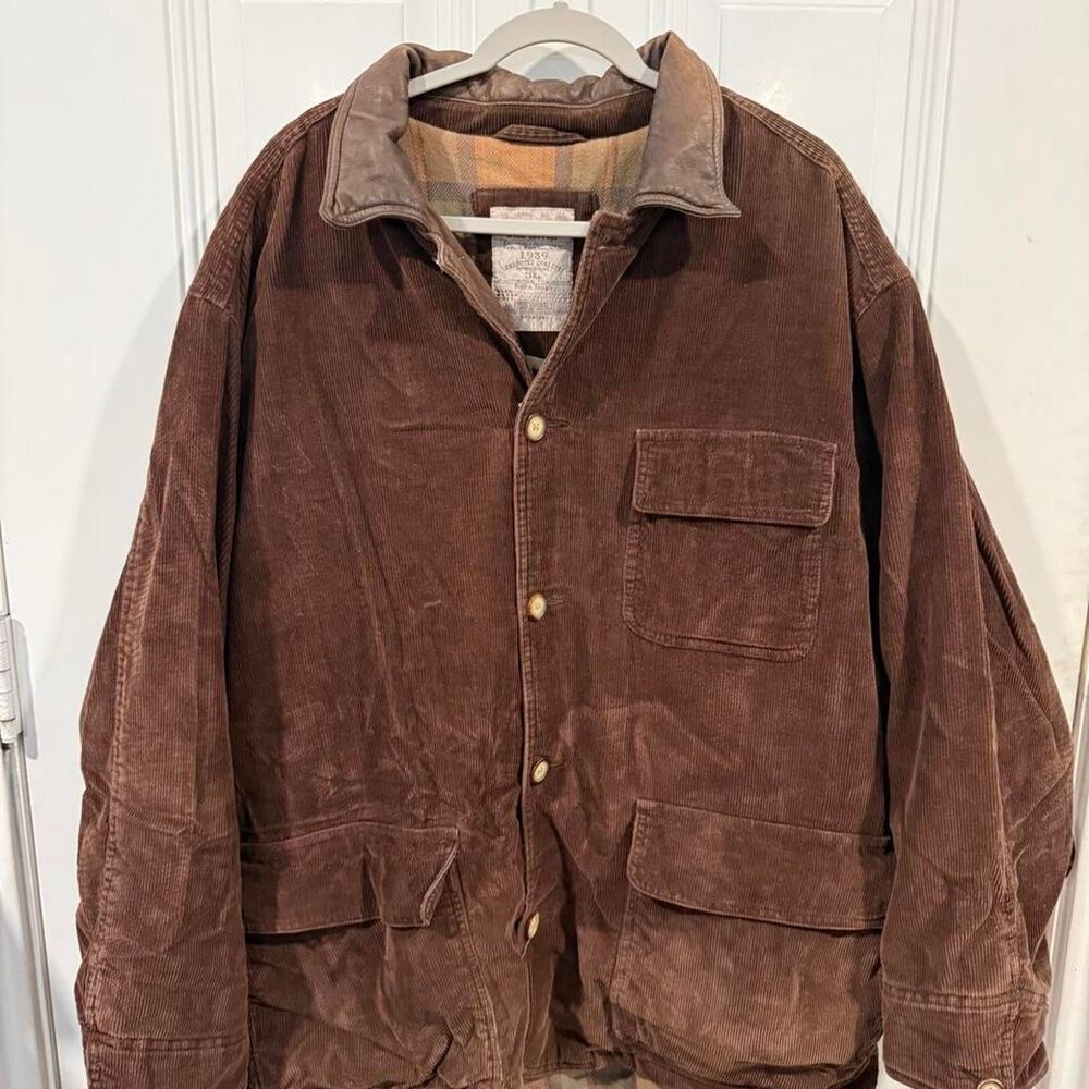 Vintage 90s Structure Corduroy Chore Barn Jacket Leather Collar Flannel Lined